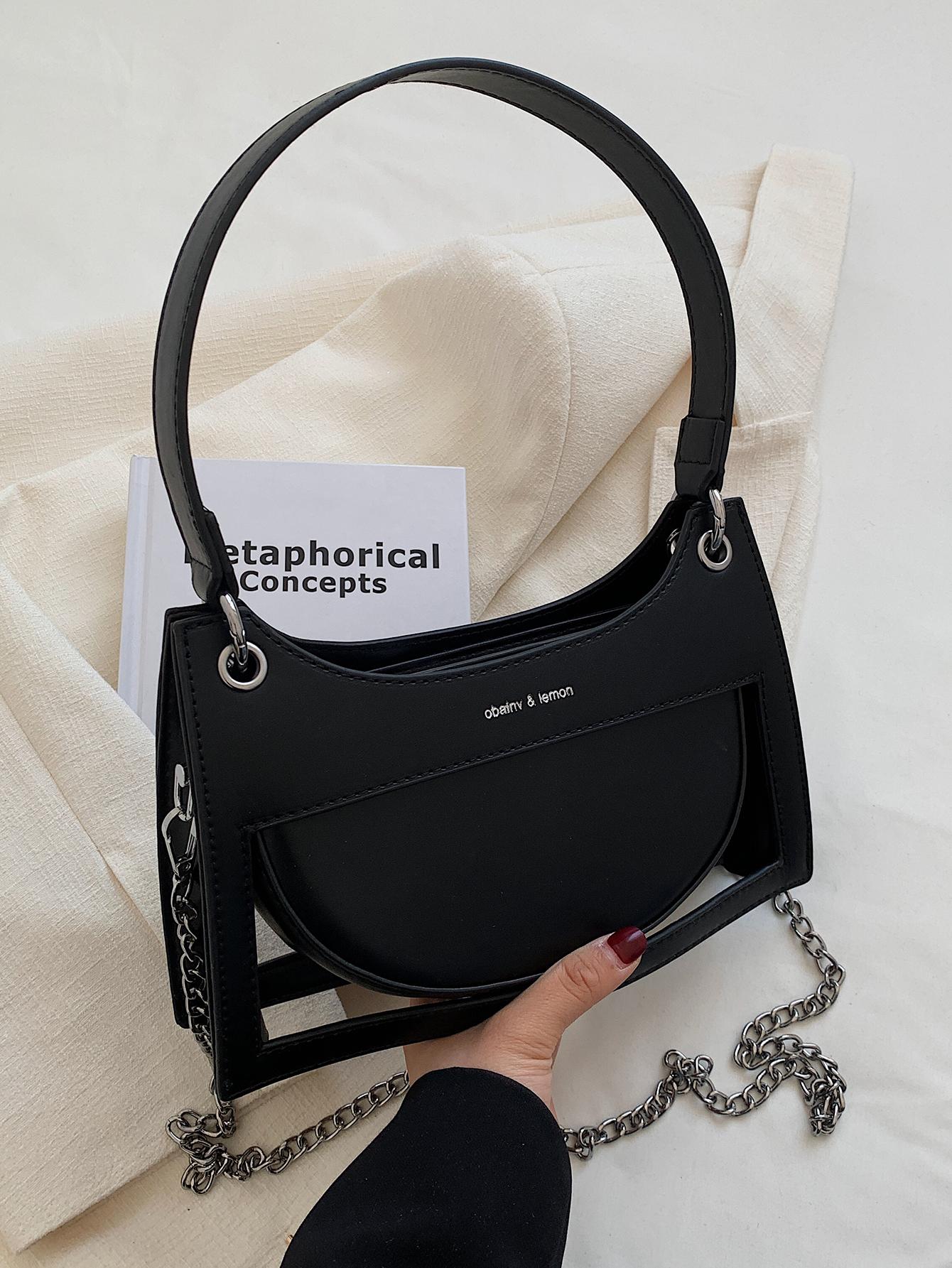 Letter Graphic Chain Bag Fashion Black