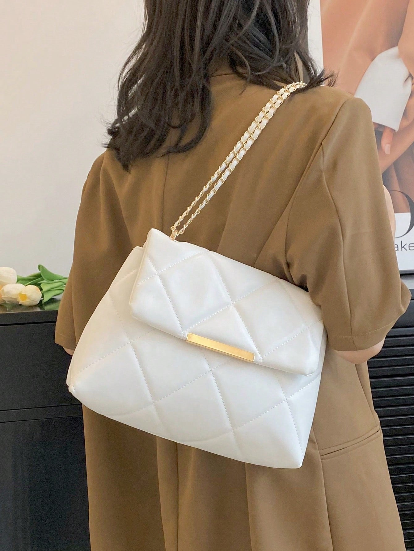 Shein style quilted flap bag with elegant chain