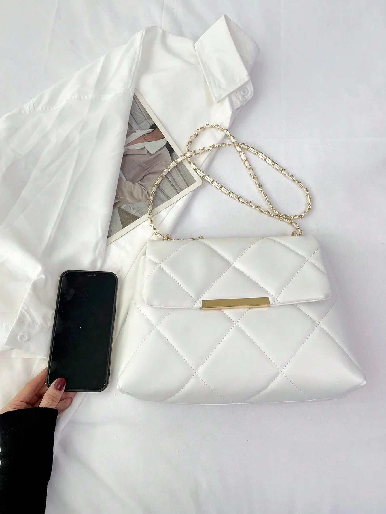 Shein style quilted flap bag with elegant chain