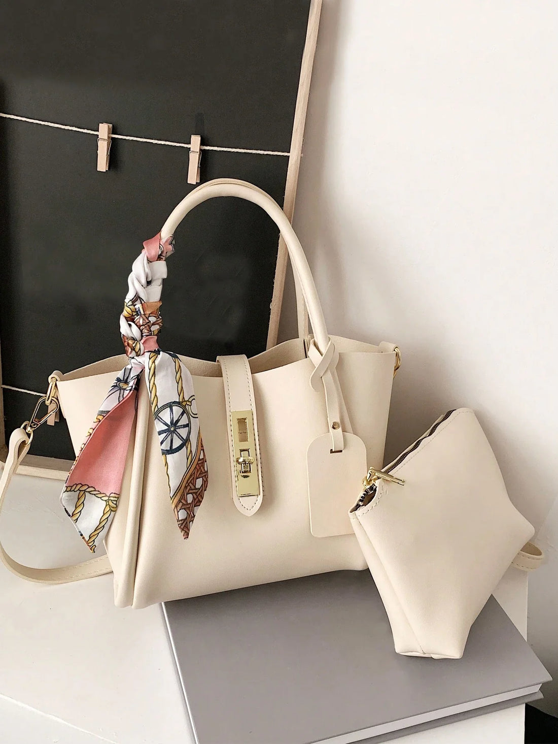 2pcs/Set New Spring Fashionable Pu Tote Bag With Inner Bag For Women, Simple Style, Suitable For Work And Decorated With A Silk Scarf, Handbag Or Shoulder Bag For Ladies, Business Casual Woman Bag Perfect For Office Business And Work