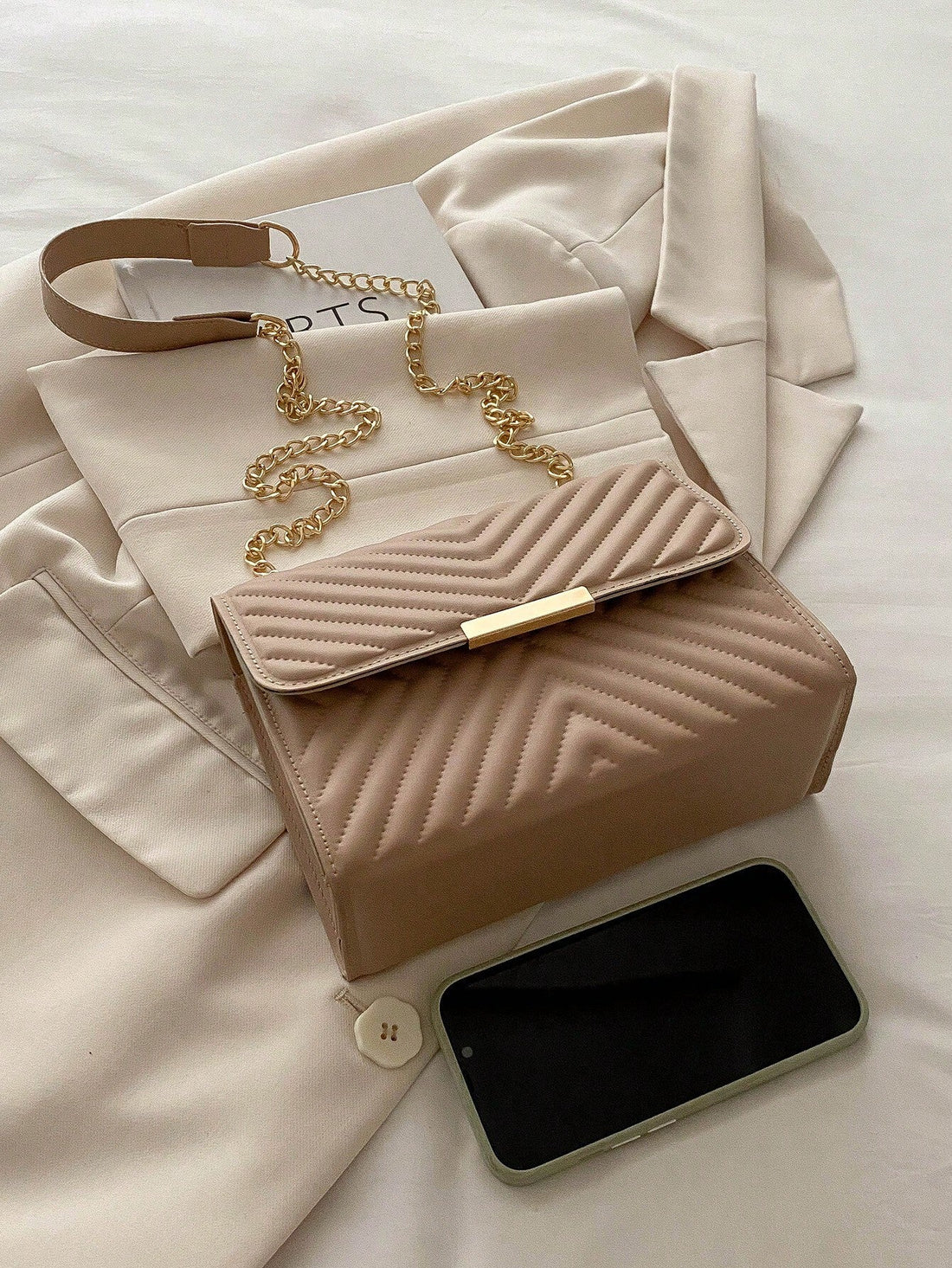 Fashionable Solid Color Embossed Chain Shoulder Bag, Minimalist & Practical Multifunction