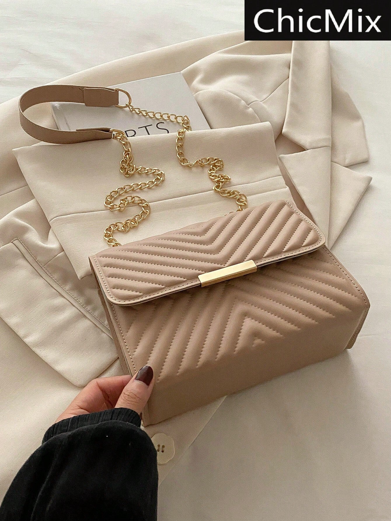 Fashionable Solid Color Embossed Chain Shoulder Bag, Minimalist & Practical Multifunction