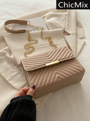 Fashionable Solid Color Embossed Chain Shoulder Bag, Minimalist & Practical Multifunction