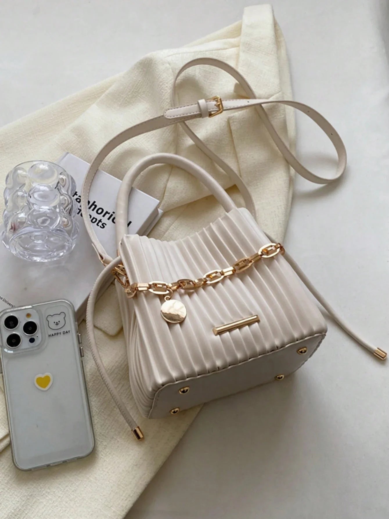 Mini Pleated Bucket Bag With Chain Decor