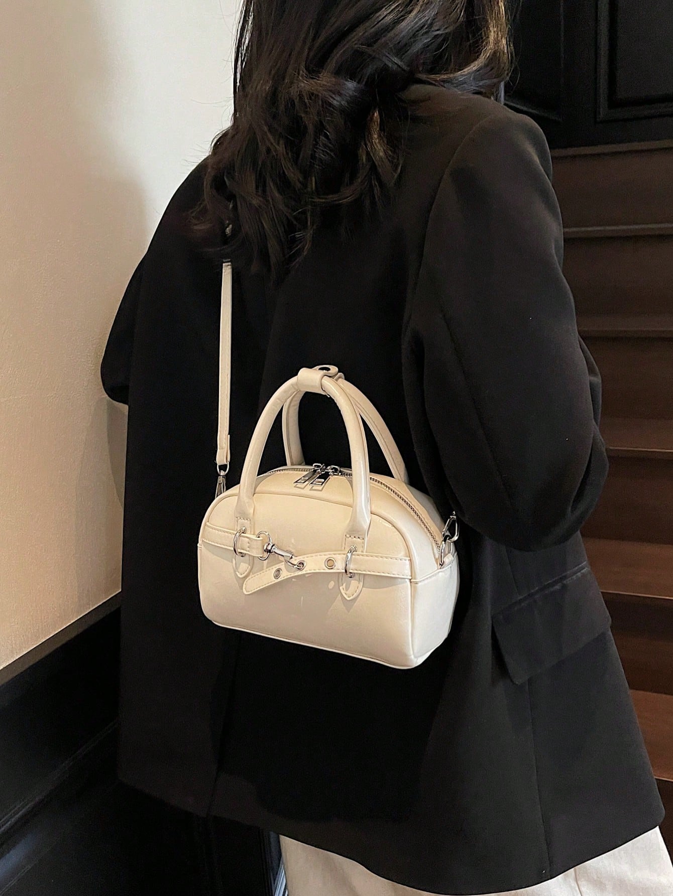 Retro Beige Bowling Style Handbag For Women, New Fashion Tote Bag With Strap Design, Casual Versatile Shoulder Crossbody Bag With Knot Decor, Phone And Coin Pouch