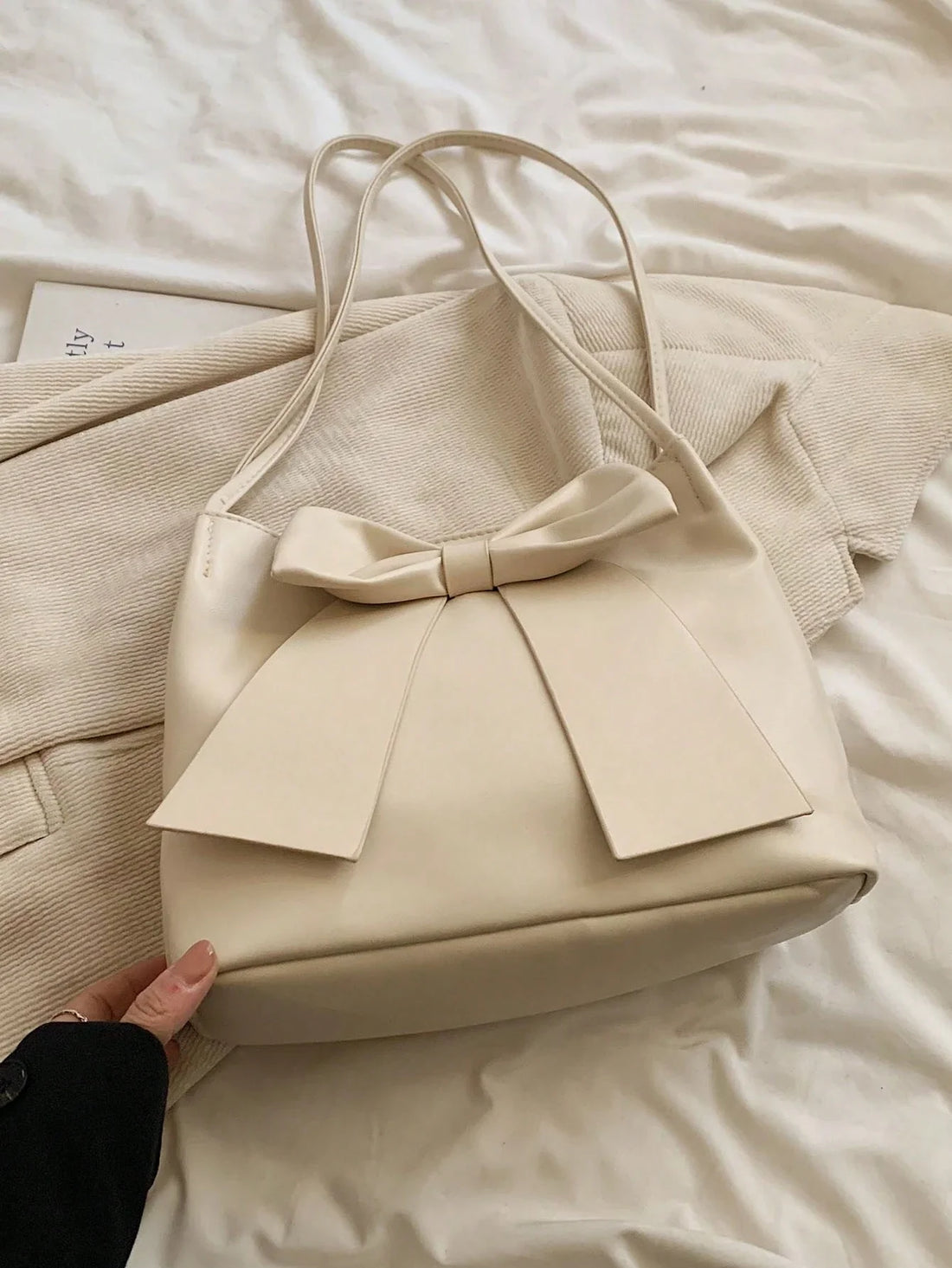 Solid Color PU Leather Shoulder Bag For Women, Ultra-Lightweight And Portable, Fashionable With Bow Decoration, Elegant Girls' Handbag