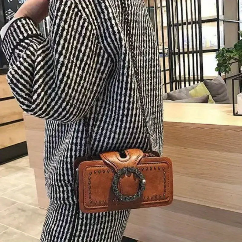 Brown Leather Clutch for women with Chain Decor