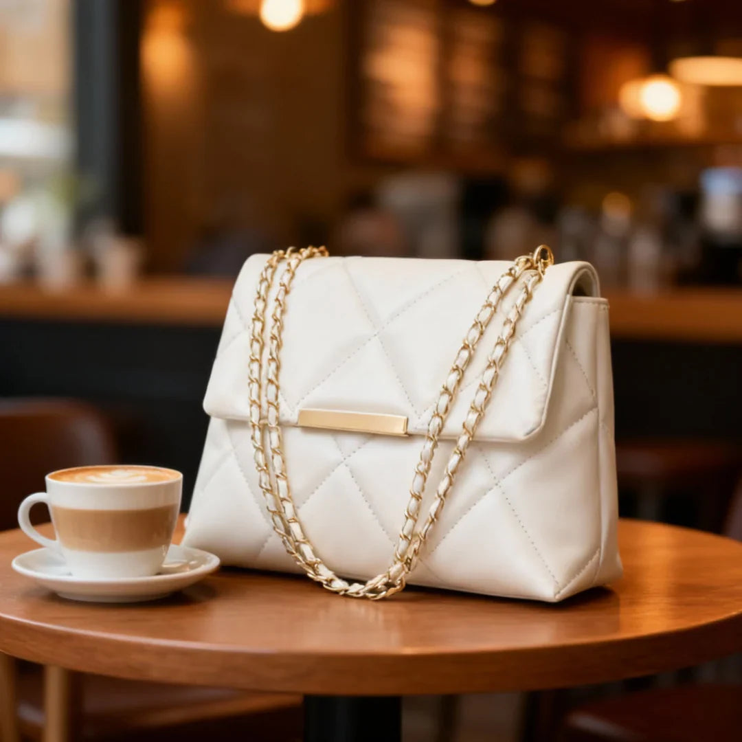 Crossbody Quilted White Square Bag with Stylish Chain