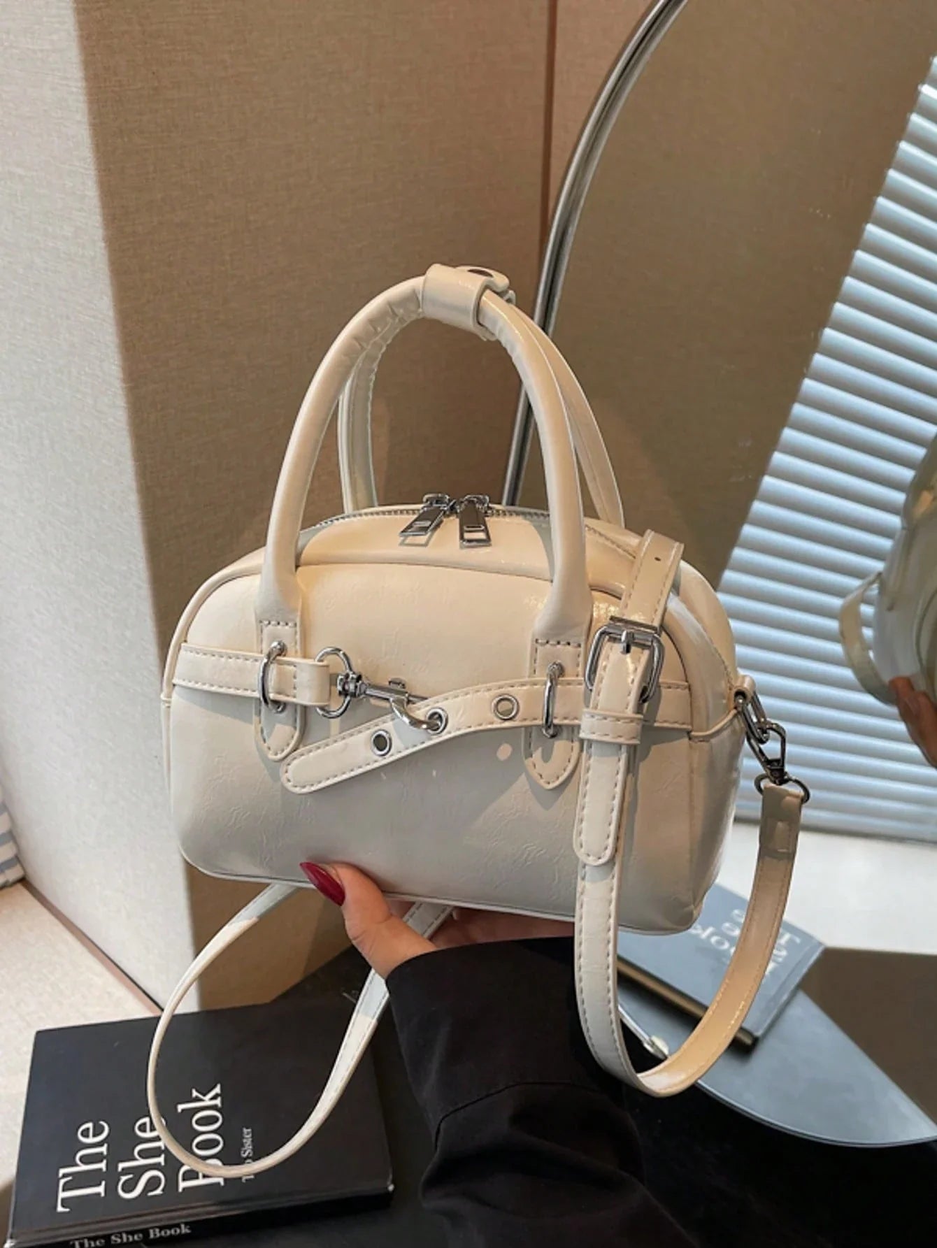 Retro Beige Bowling Style Handbag For Women, New Fashion Tote Bag With Strap Design, Casual Versatile Shoulder Crossbody Bag With Knot Decor, Phone And Coin Pouch